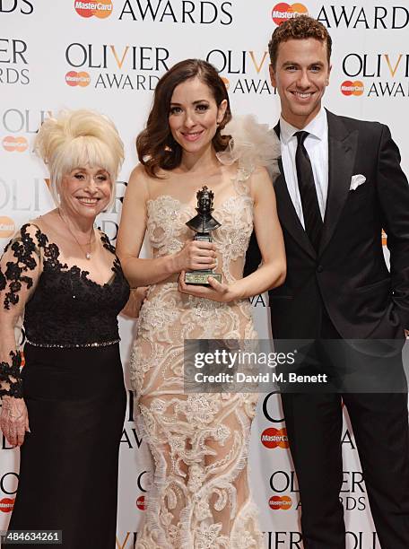 Barbara Windsor, Zrinka Cvitesic, winner of the Best Actress in a Musical award for "Once", and Richard Fleeshman pose in the press room at the...