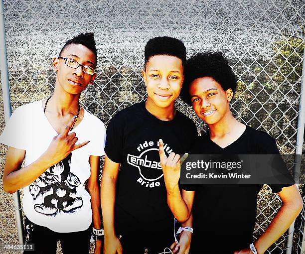 Musicians Alec Atkins, Jarad Dawkins and Malcolm Brickhouse of Unlocking the Truth pose onstage during day 2 of the 2014 Coachella Valley Music &...
