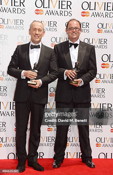 Special Award recipients Sir Nicholas Hytner and Nick Starr pose in the press room at the Laurence Olivier Awards at The Royal Opera House on April...