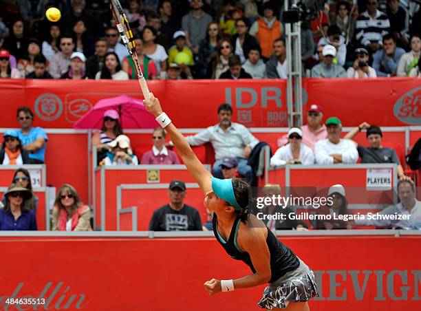 Caroline Garcia of France returns the ball to Jelena Jankovic of Serbia during their WTA Bogota Open final match at El Rancho Club on April 13, 2014...