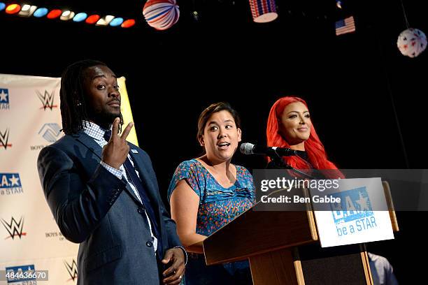 Kofi Kingston, Naomi Hirabayashi and Eva Marie speak at the WWE, Facebook, Dosomething.org and GLAAD Anti-Bullying Event at Kips Bay Boys & Girls...