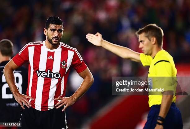 Graziano Pelle of Southampton looks on as referee Clement Turpin signals during the UEFA Europa League Play Off Round 1st Leg match between...
