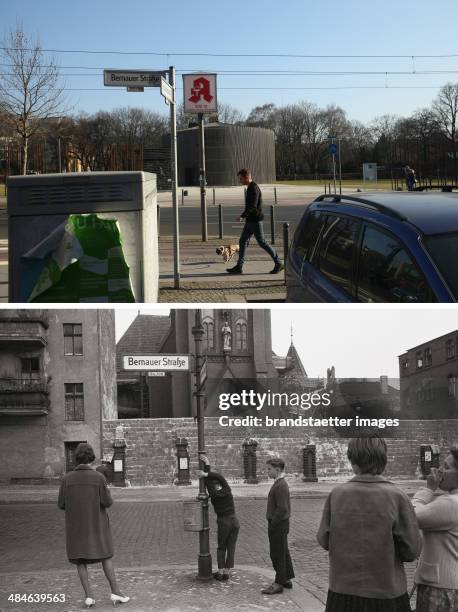 In this composite image a comparison has been made between Berlin in the 1960s and Berlin now in 2014. GERMANY People at the Berlin Wall in front of...