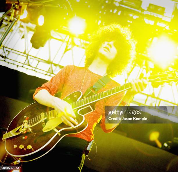 Musician James Bagshaw of Temples performs onstage during day 2 of the 2014 Coachella Valley Music & Arts Festival at the Empire Polo Club on April...