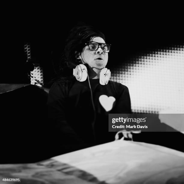 Skrillex performs onstage during day 2 of the 2014 Coachella Valley Music & Arts Festival at the Empire Polo Club on April 12, 2014 in Indio,...