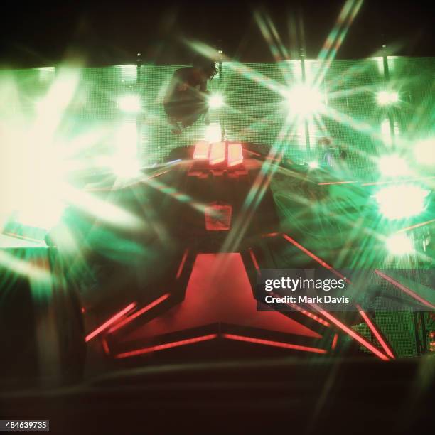 Skrillex performs onstage during day 2 of the 2014 Coachella Valley Music & Arts Festival at the Empire Polo Club on April 12, 2014 in Indio,...