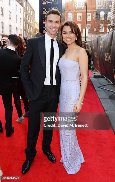 Richard Fleeshman and Samantha Barks attend the Laurence Olivier Awards at The Royal Opera House on April 13, 2014 in London, England.