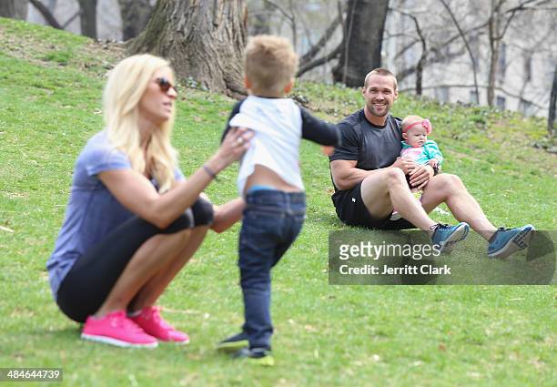 Chris Powell and wife Heidi Powell go for a family outing with son Cash and daughter Ruby at Central Park while in NYC for the Reebok Spartan Race on...