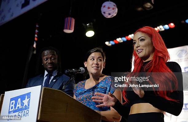 Superstar, Kofi Kingston, Naomi Hirabayashi and WWE Diva Eva Marie speaks at the WWE, Facebook, Dosomething.org and GLAAD Anti-Bullying Event at Kips...