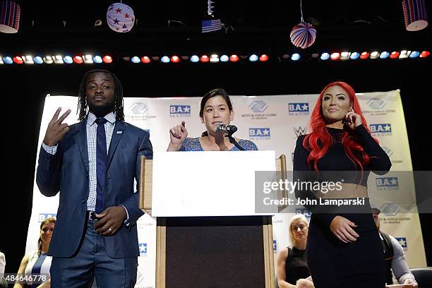 Wrestler Kofi Kingston, CMO of DoSomething, Naomi Hirabayashi and WWE Diva Eva Marie speak at the WWE, Facebook, Dosomething.org and GLAAD...