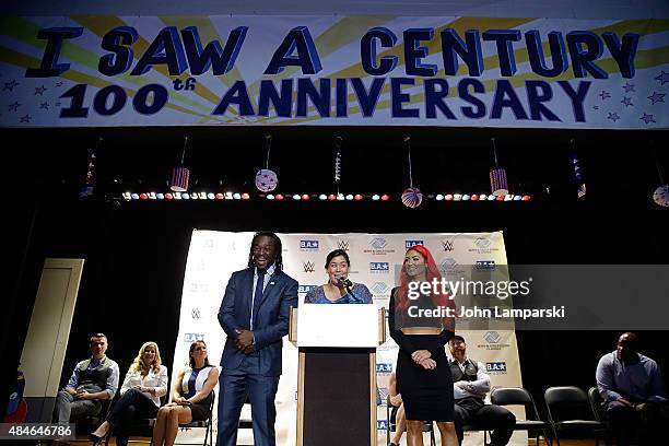 Wrestler Kofi Kingston, CMO of DoSomething, Naomi Hirabayashi and WWE Diva Eva Marie speak at the WWE, Facebook, Dosomething.org and GLAAD...