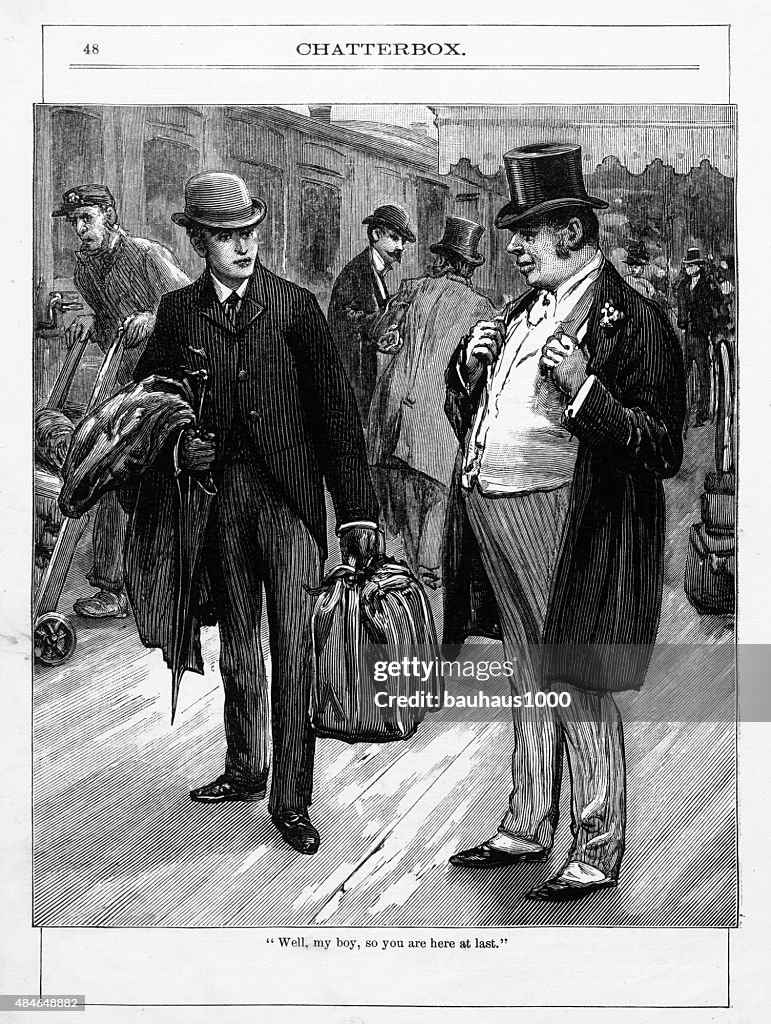 Meeting a Business Associate at the Train Station Victorian Engraving