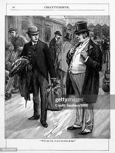 meeting a business associate at the train station victorian engraving - gay men stock illustrations