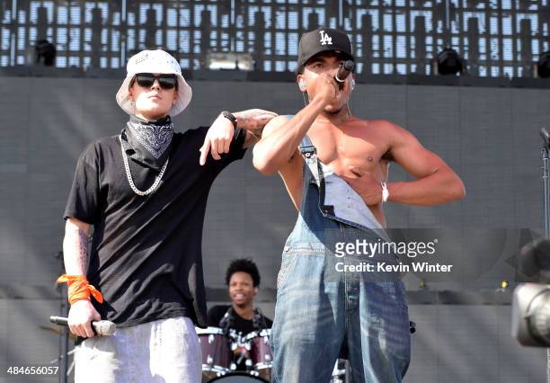 Singer Justin Bieber performs with Chance The Rapper onstage during day 3 of the 2014 Coachella Valley Music & Arts Festival at the Empire Polo Club...