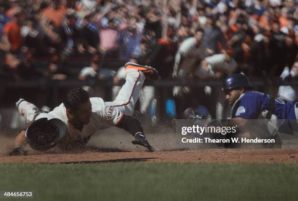 Gregor Blanco of the San Francisco Giants is tagged out at the plate by Wilin Rosario of the Colorado Rockies attempting to stretch a triple into an...