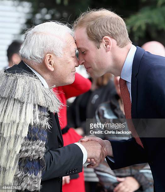 Prince William, Duke of Cambridge performs the traditional Maori greeting of the 'Hongi' as he visits Christchurch City Council Buildings on April...