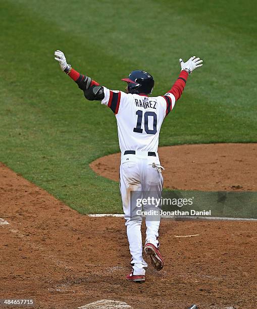 Alexei Ramirez of the Chicago White Sox celebrates hitting a two-run, walk-off home run in the bottom of the 9th inning to defeat the Cleveland...