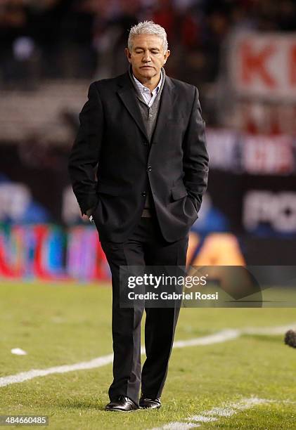 Jorge Burruchaga coach of Atletico Rafaela looks dejected during a match between River Plate and Atletico Rafaela as part of 13th round of Torneo...