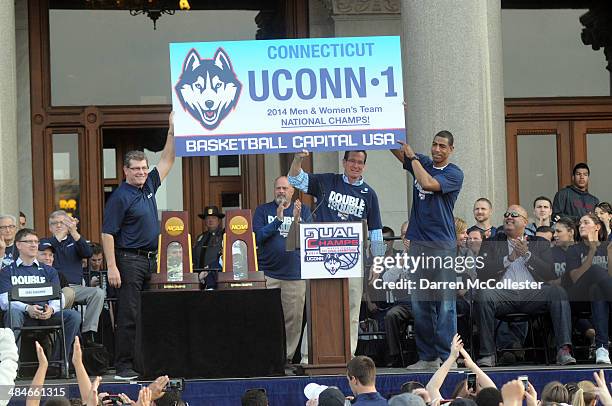 Uconn Huskies men's head coache Kevin Ollie and women's head coach Geno Auriemma attend a rally at the Connecticut State Capitol to celebrate their...