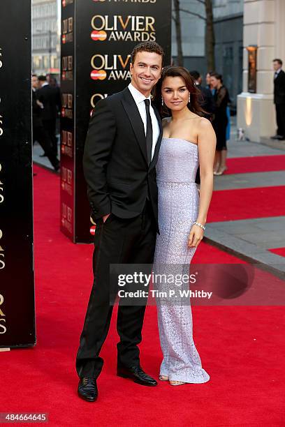 Richard Fleeshman and Samantha Barks attends the Laurence Olivier Awards at The Royal Opera House on April 13, 2014 in London, England.