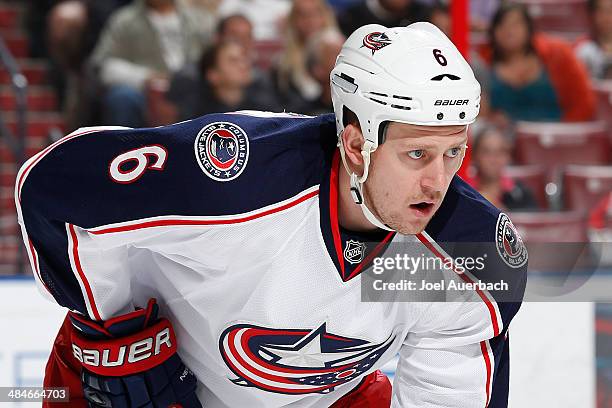 Nikita Nikitin of the Columbus Blue Jackets prepares for a face-off against the Florida Panthers at the BB&T Center on April 12, 2014 in Sunrise,...