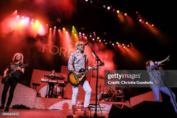 Bruce Watson, Michael Bluestein, Mick Jones, Chris Frazier and Kelly Hansen of Foreigner perform on stage at Eventim Apollo, Hammersmith on April 13,...