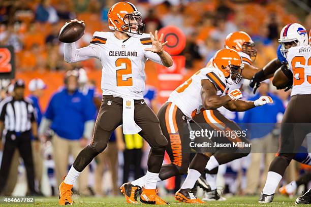 Quarterback Johnny Manziel of the Cleveland Browns passes during the second half of a preseason game against the Buffalo Bills at FirstEnergy Stadium...