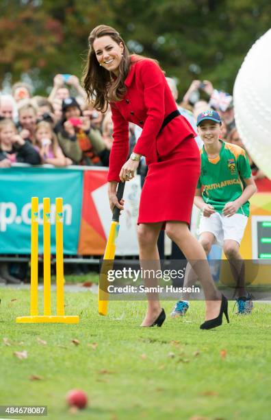 Catherine, Duchess of Cambridge bats during a game of cricket in Latimer Square on April 14, 2014 in Christchurch, New Zealand. The Duke and Duchess...