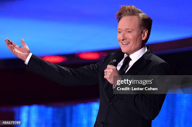 Host Conan O'Brien speaks onstage at the 2014 MTV Movie Awards at Nokia Theatre L.A. Live on April 13, 2014 in Los Angeles, California.
