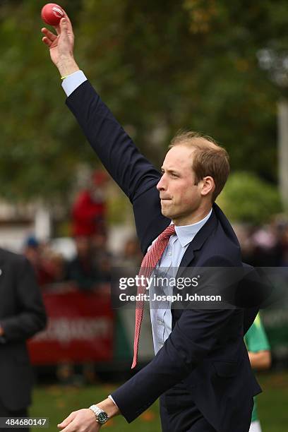 Prince William, Duke of Cambridge bowling during a game of cricket during the countdown to the 2015 ICC Cricket World Cup at Latimer Square on April...