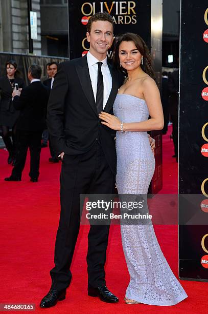 Richard Fleeshman and Samantha Barks attend the Laurence Olivier Awards at The Royal Opera House on April 13, 2014 in London, England.