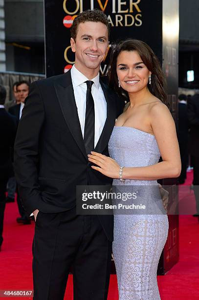 Richard Fleeshman and Samantha Barks attend the Laurence Olivier Awards at The Royal Opera House on April 13, 2014 in London, England.