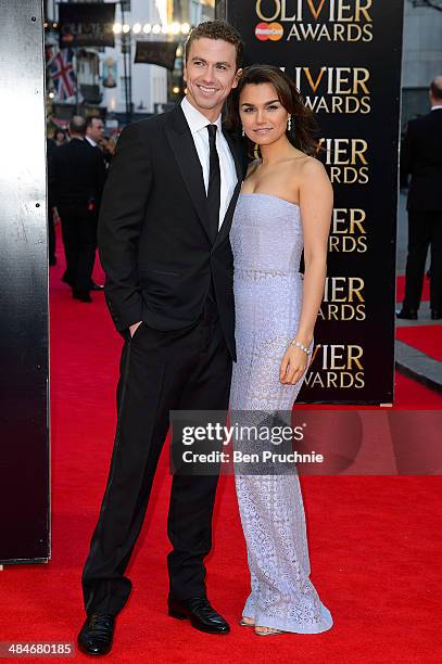 Richard Fleeshman and Samantha Barks attend the Laurence Olivier Awards at The Royal Opera House on April 13, 2014 in London, England.