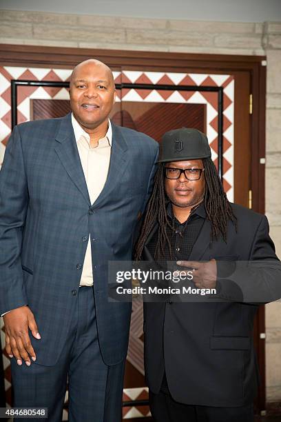 Former Detroit Pistons player Derrick Coleman and Shaka Senghor attend Men Of Courage: The Storytelling Project at Charles H. Wright Museum of...