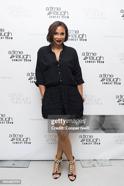 Tamar Braxton poses for a photo before the "A Time to Laugh" comedy show during MegaFest at the Dallas Convention Center on August 20, 2015 in...