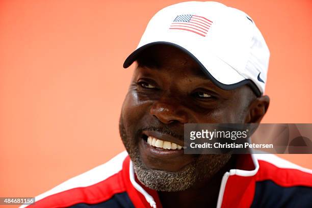 Head coach Edrick Floreal of the United States answers questions during the United States news conference ahead of the 15th IAAF World Athletics...