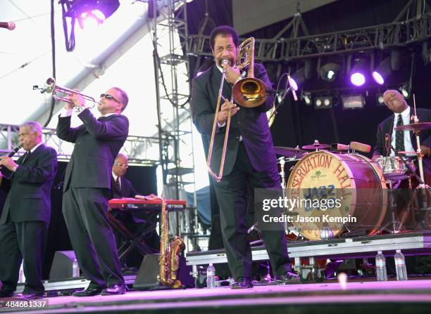 Musicians Charlie Gabriel; Mark Braud, Freddie Lonzo and Joseph Lastie Jr. Of the Preservation Hall Jazz Band perform onstage during day 3 of the...