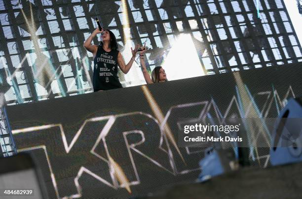 Singers Jahan Yousaf and Yasmine Yousaf of Krewella perform onstage during day 3 of the 2014 Coachella Valley Music & Arts Festival at the Empire...