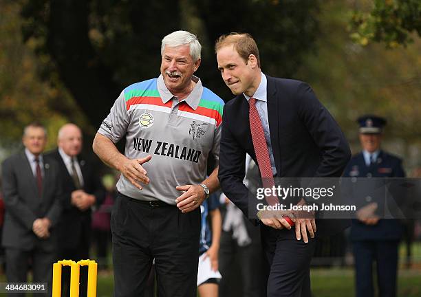 Sir Richard Hadlee, ICC Cricket World Cup 2015 Ambassador explains to Prince William, Duke of Cambridge how to bowl to Catherine, Duchess of...