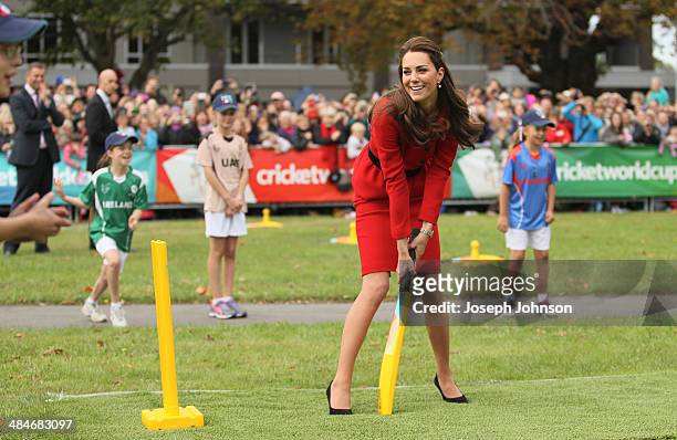 Catherine, Duchess of Cambridge bats during a game of cricket during the countdown to the 2015 ICC Cricket World Cup at Latimer Square on April 14,...
