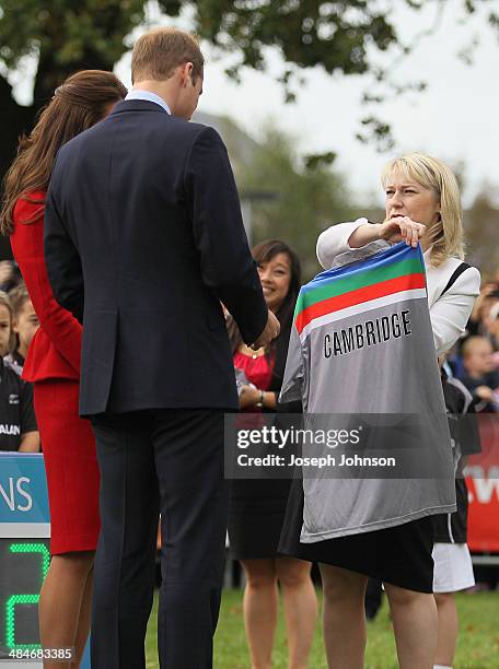 Therese Walsh, Head of New Zealand ICC Cricket World Cup 2015, presents a Retro New Zealand Cricket shirt as a gift to Prince William, Duke of...