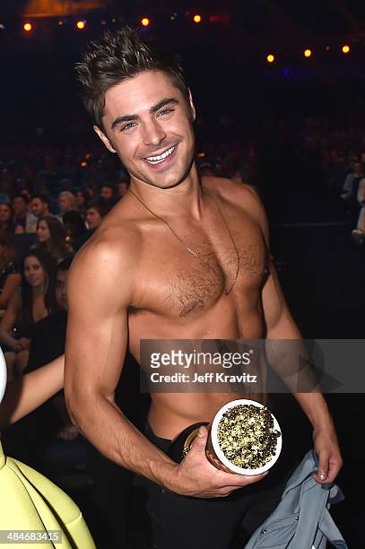 Actor Zac Efron, winner of the Best Shirtless Performance award for 'That Awkward Moment,' attends the 2014 MTV Movie Awards at Nokia Theatre L.A....