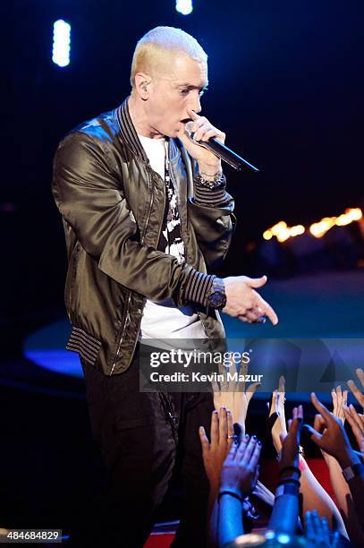 Rapper Eminem performs onstage at the 2014 MTV Movie Awards at Nokia Theatre L.A. Live on April 13, 2014 in Los Angeles, California.