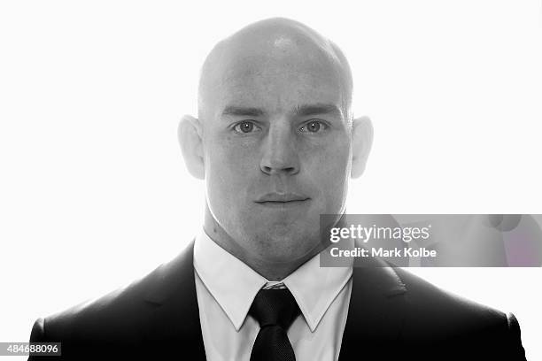 Stephen Moore poses during the Australian Wallabies Rugby World Cup squad announcement at Hangar 96, Qantas Sydney Jet Base on August 21, 2015 in...