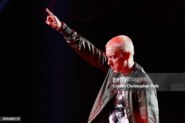 Recording artist Eminem performs onstage at the 2014 MTV Movie Awards at Nokia Theatre L.A. Live on April 13, 2014 in Los Angeles, California.