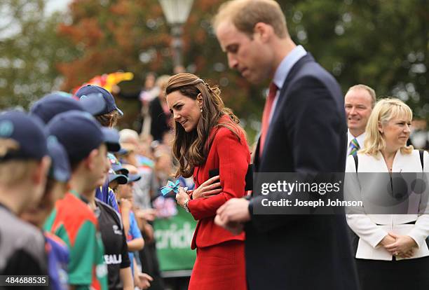 Catherine, Duchess of Cambridge and Prince William, Duke of Cambridge greet young cricketers during the countdown to the 2015 ICC Cricket World Cup...