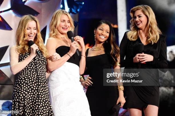 Actress Leslie Mann, actress Cameron Diaz, actress-singer Nicki Minaj, and actress-model Kate Upton speak onstage at the 2014 MTV Movie Awards at...