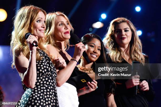 Actress Leslie Mann, actress Cameron Diaz, actress-singer Nicki Minaj, and actress-model Kate Upton speak onstage at the 2014 MTV Movie Awards at...