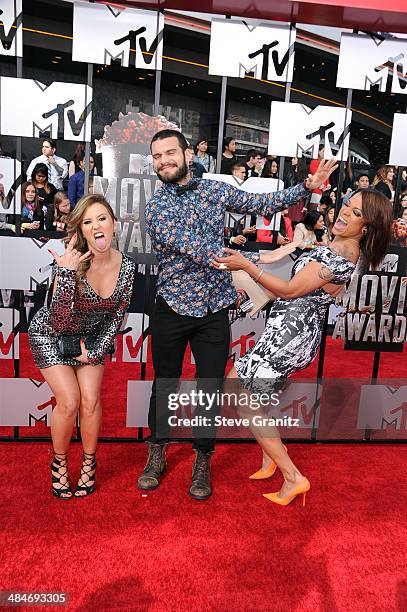 Personalities Camila Nakagawa, Frank Sweeney and Aneesa Ferreira attend the 2014 MTV Movie Awards at Nokia Theatre L.A. Live on April 13, 2014 in Los...