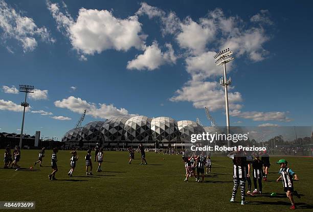 General view during a Collingwood Magpies School Holiday AFL clinic at Olympic Park on April 14, 2014 in Melbourne, Australia.